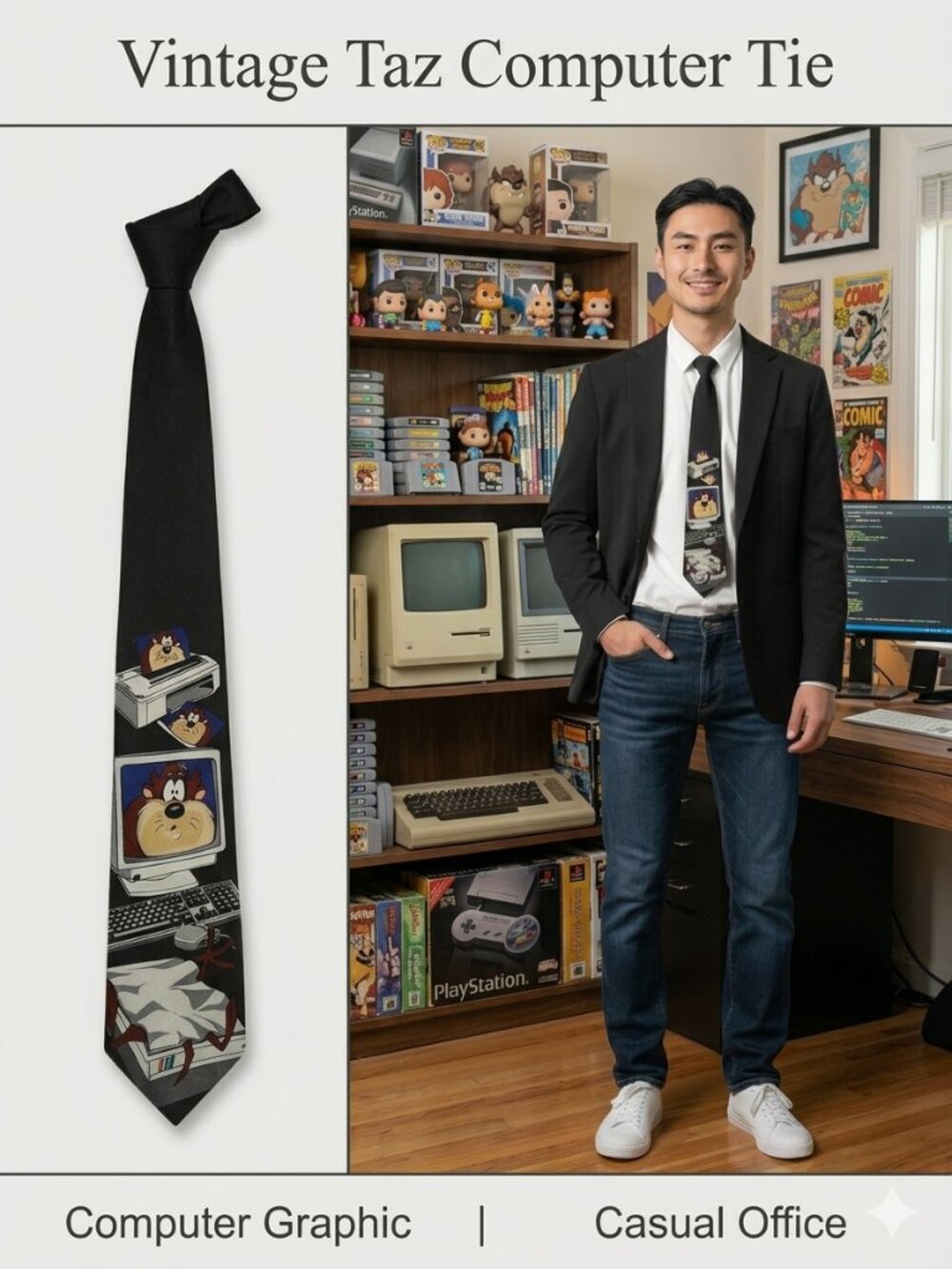 Vintage Looney Tunes Taz Necktie Computer Printer Cartoon Novelty Techcore Tie